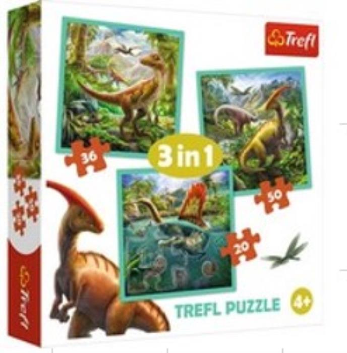 Puzzle, TREFL, Dinozauri, 3 IN 1, 4+, Carton
