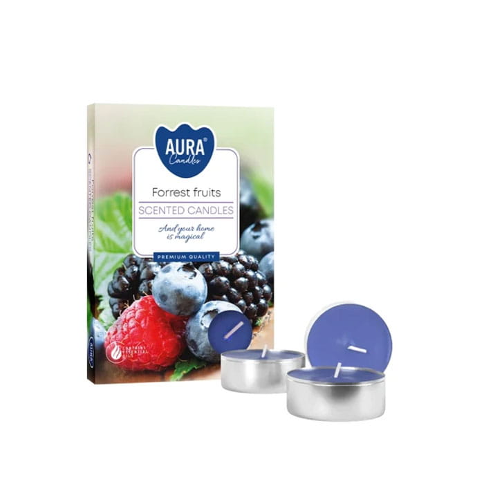 Set 6 lumanari parfumate, AURA, Fructe de Padure, 4 ore, 11gr, 1.5cm, 3.9cm, Parafina, Albastru, 6 buc