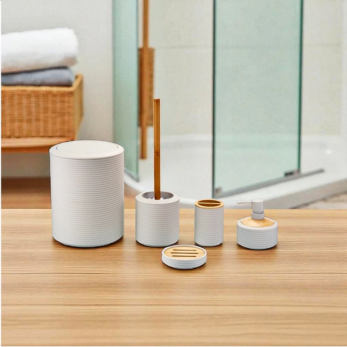 Set bathroom accessories, GS, 5 pcs, Plastic/Bamboo, White