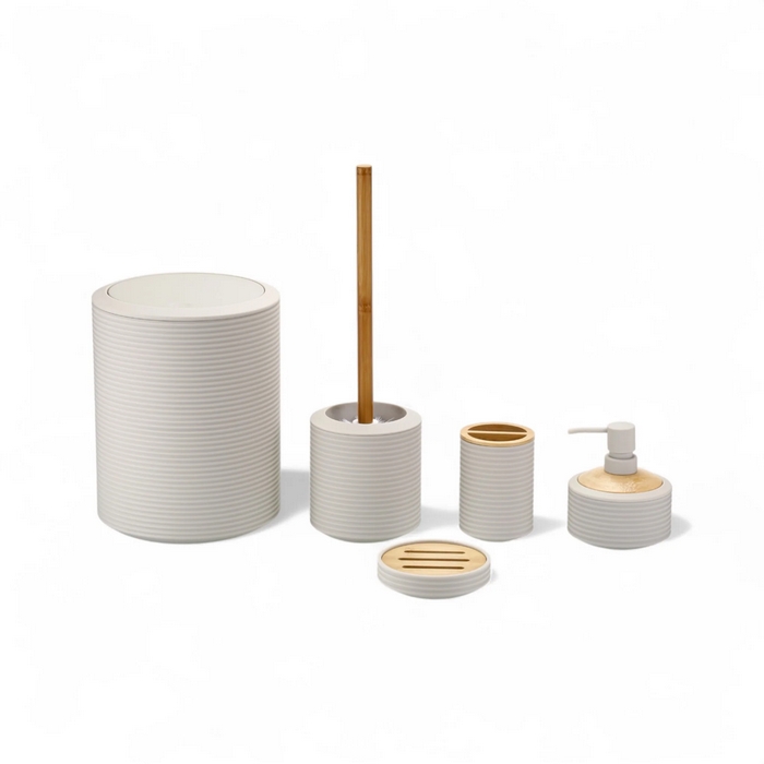 Set bathroom accessories, GS, 5 pcs, Plastic/Bamboo, White