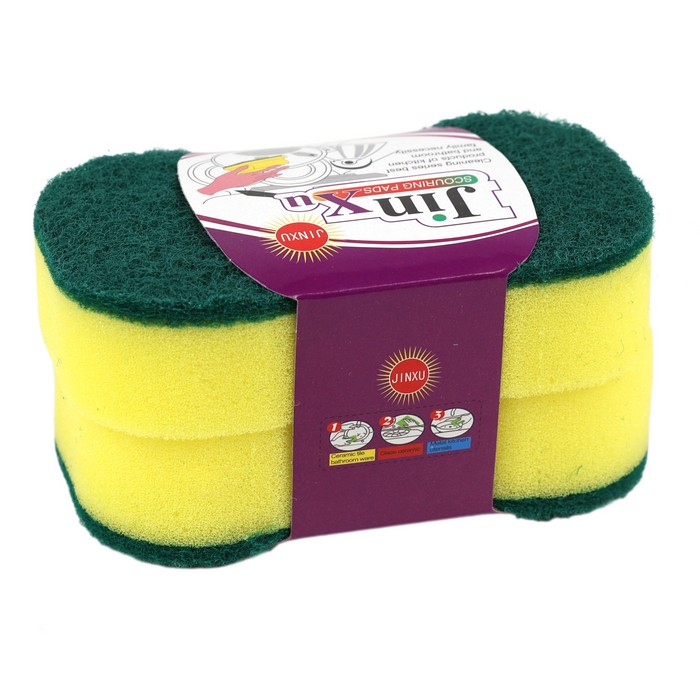 Dish sponge with grooves, JINXU, 2 pieces, Polyurethane foam / Abrasive fiber, Yellow/Green