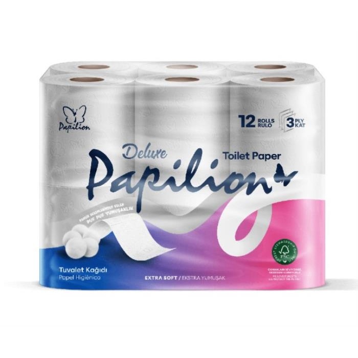 Туалетная бумага, PAPILION, 12 рулонов, 3 слоя, 115 file, Deluxe, 117x93 мм, 13 м