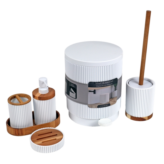 Set accesorii baie, GS, 6 piese, Plastic/Bambus, Alb, Rotunda, Mat