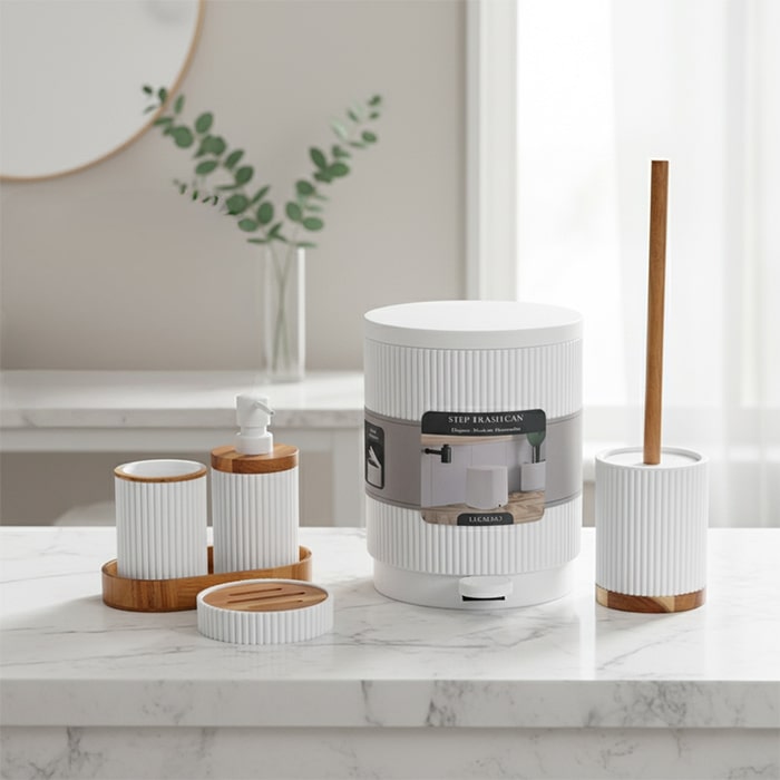 Set accesorii baie, GS, 6 piese, Plastic/Bambus, Alb, Rotunda, Mat