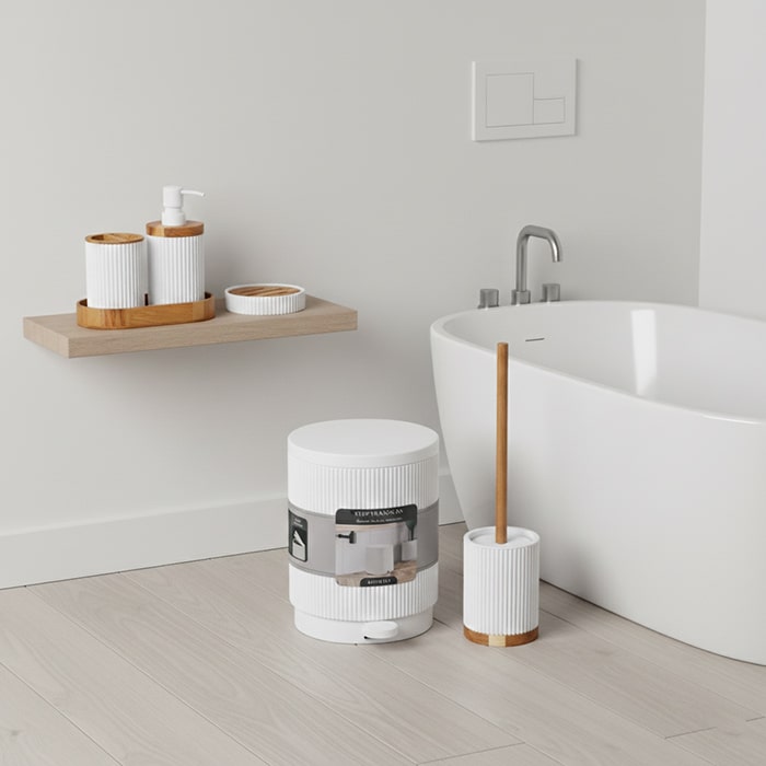 Set accesorii baie, GS, 6 piese, Plastic/Bambus, Alb, Rotunda, Mat