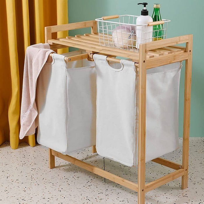 Storage rack, GS, For laundry, Bamboo/Textile, 2 compartiments, 73cm, 64cm, 35cm