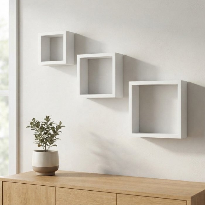 Set rafturi decorative, GS, MDF, 3 compartimente, Patrat, Alb, 25x8.5x25 cm, 20x8.5x20 cm, 15x8.5x15 cm