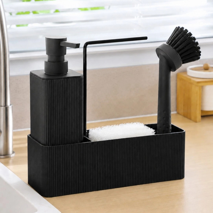 Dispenser, GS, For liquid dishwashing detergent, With sponge, Plastic, Black, 4 pcs