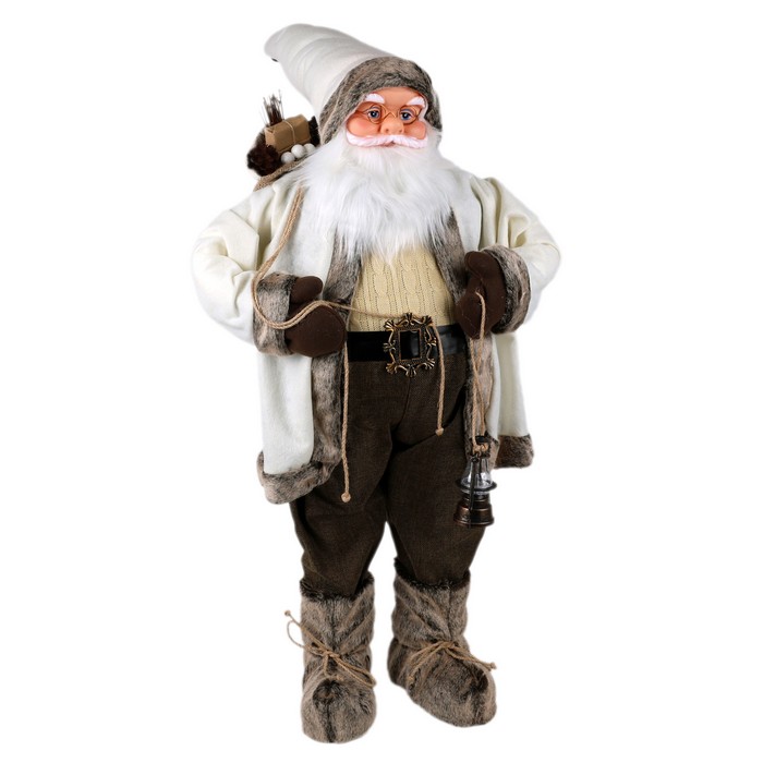 Mos craciun, GLOBAL CHRISTMAS, 45cm, Alb/Cafeniu, Textil/Plastic