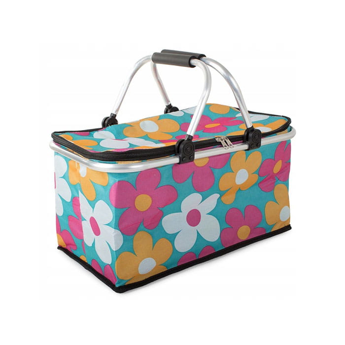 Geanta termoizolanta plianta, OutdooR, 28cm, 47cm, 38cm, Textil, Multicolor, Cu imprimeu, Reflector in interiorul gentii, Maner de transportare, Fermo