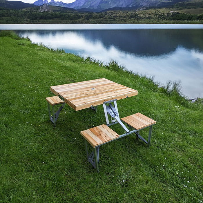 Camping table set with chairs, GS, 85X72X67 CM, Wood/Metal, Gray/Beige, Table set with chairs, Pliable