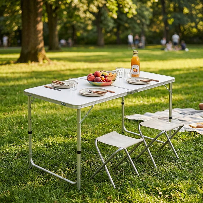 Set masa cu scaune pentru camping, GS, 60X90X70CM, Aluminiu, Alb/Gri, Dreptunghiular, Set masa cu scaune, Pliabil