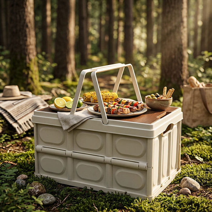 Folding table, GS, 55 L, 52X35.3X29 cm, White/Brown, BBQ organizer