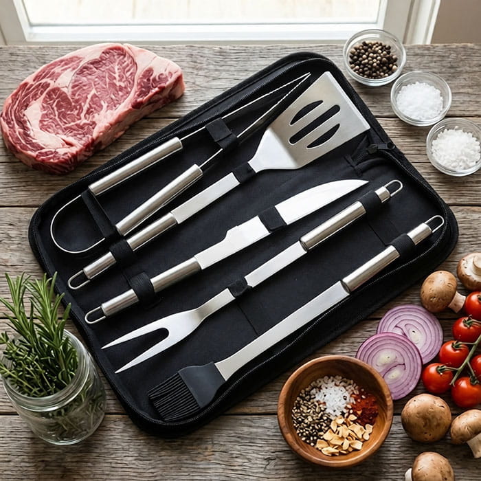 Set ustensile gril, BBQ, Inox, 5 piese, 38.5 cm, 13cm, 4cm, Set ustensile gril