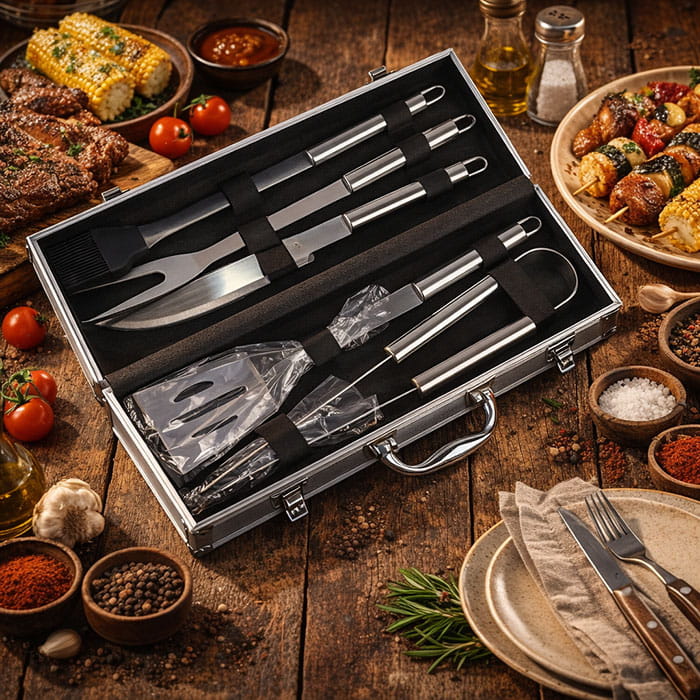 Set ustensile gratar, BBQ, Inox, 5 piese, 37cm, 13cm, 7cm, Set ustensile gratar