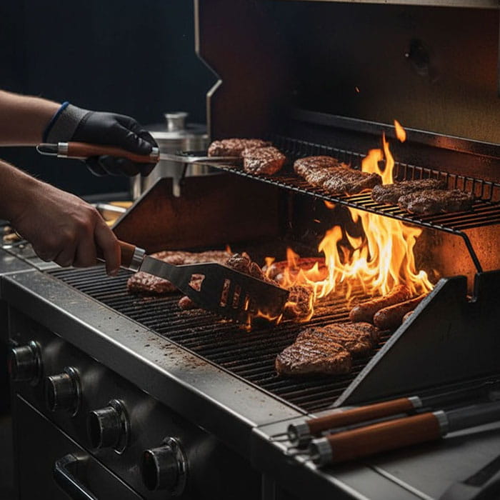 Set ustensile gratar, BBQ, Inox, 5 piese, 38.5 cm, 16cm, 8cm, Set ustensile gratar, Lemn, Maro