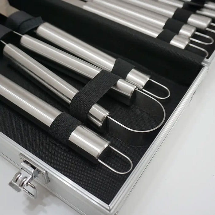Set ustensile gratar, BBQ, Inox, 18 buc, 43cm, 24cm, 8cm, Set ustensile gratar
