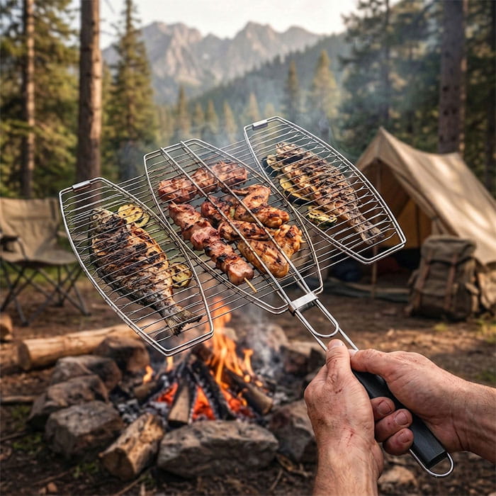 Barbecue grill, BBQ, 36cm, 40cm, Wooden Handle, Grill basket, Black