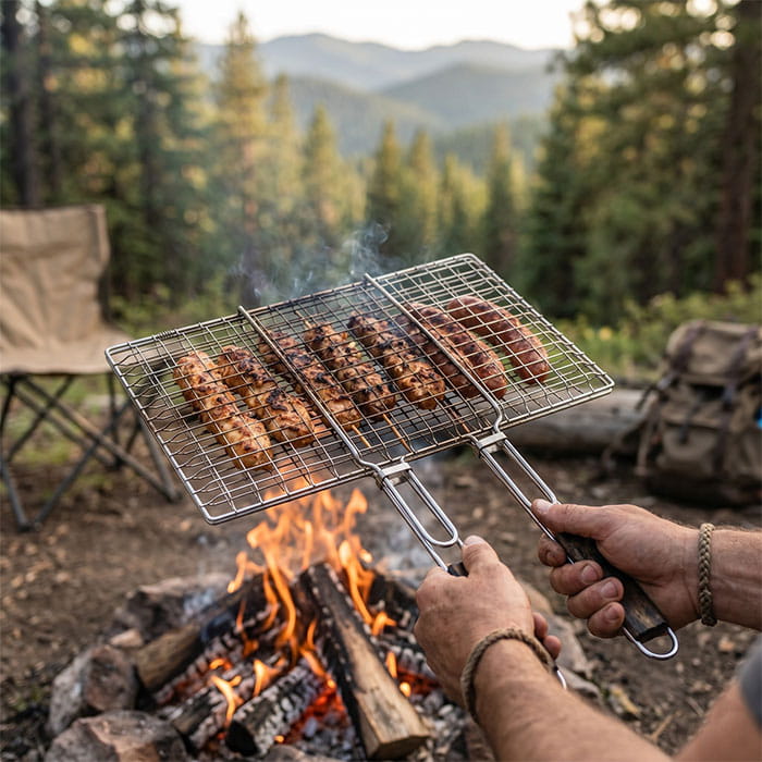 Сетка для гриля, BBQ, 60см, 35см, Деревянная ручка, Гриль для барбекю, Черный