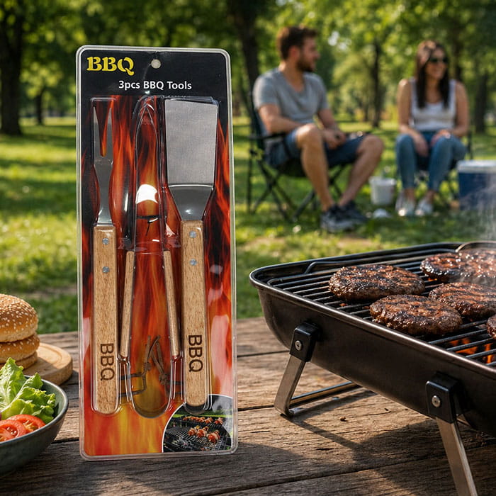 Set bbq tools, BBQ, 3 pieces, 33cm, Wood/Steel, Set ustensile bbq, Beige