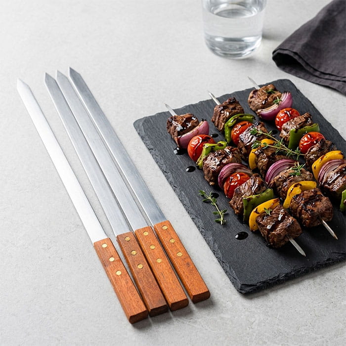 Bbq sticks, GS, 4 pcs, Stainless Steel, 60 cm, 1.5cm, Wood, Bbq sticks, Brown