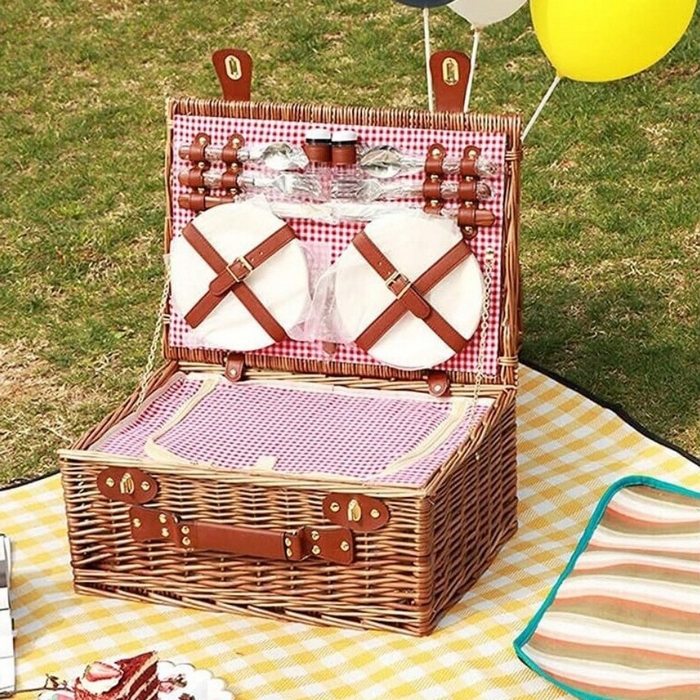 Cos picnic, GS, 45 cm, 32 cm, 19.5cm, Textil, Lozie, 4 persoane, Rosu/Maro, Cos picnic