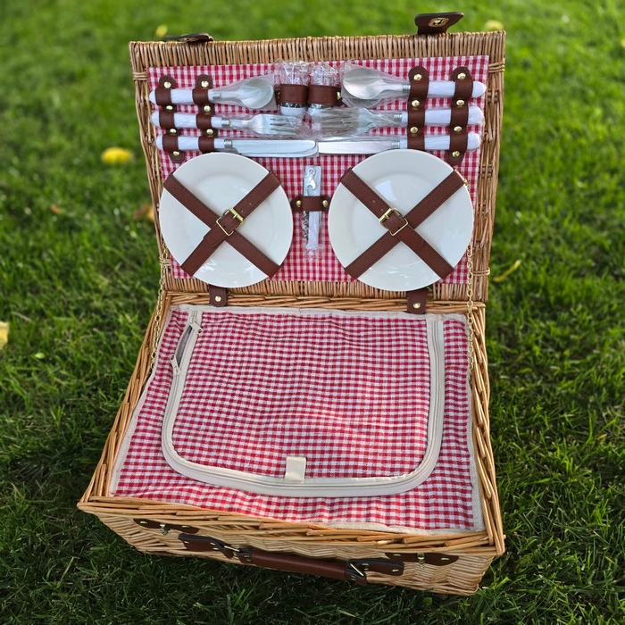 Cos picnic, GS, 45 cm, 32 cm, 19.5cm, Textil, Lozie, 4 persoane, Rosu/Maro, Cos picnic