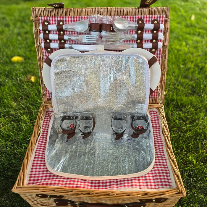 Cos picnic, GS, 45 cm, 32 cm, 19.5cm, Textil, Lozie, 4 persoane, Rosu/Maro, Cos picnic