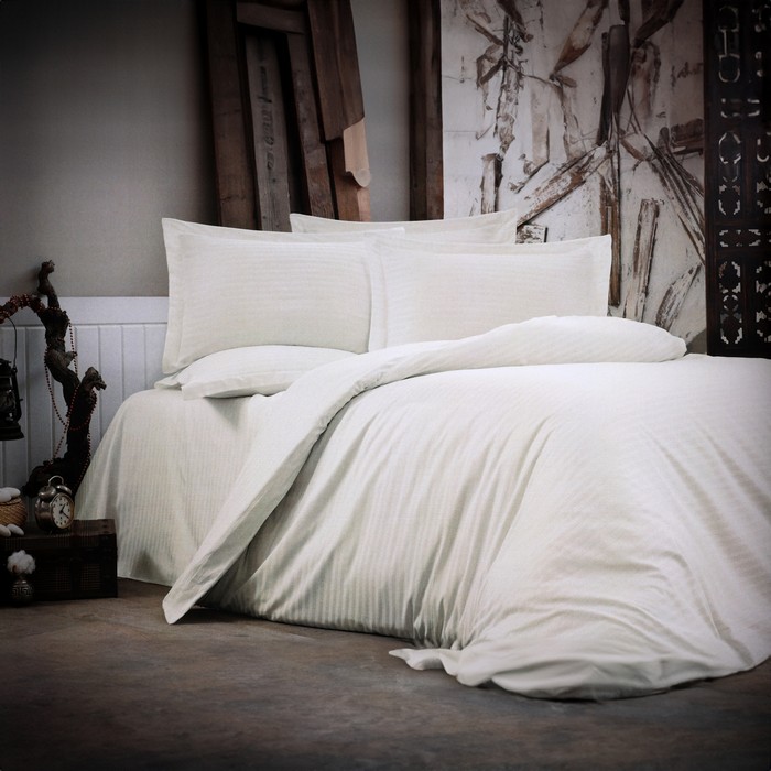 Bed linen set, NAPOLYON, 4 pcs, Double Size, Light Beige, 200x220cm, 240x260cm, 50x70cm, Satin, Horizontal stripes, Turkey
