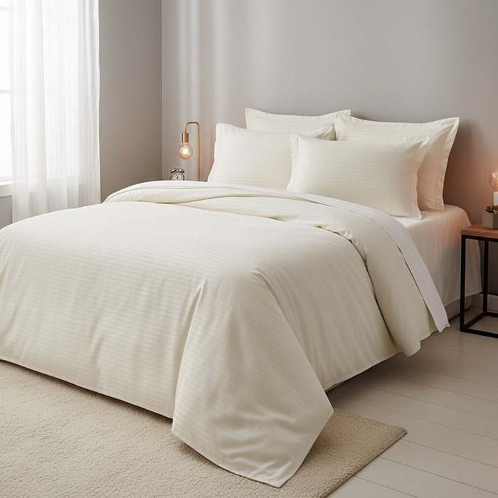 Bed linen set, NAPOLYON, 4 pcs, Double Size, Light Beige, 200x220cm, 240x260cm, 50x70cm, Satin, Horizontal stripes, Turkey