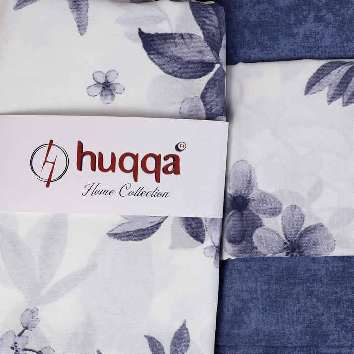 Набор постельного белья, HUQQA, 4 штук, Double Size, 220x240cм, 200x220cм, 50x70cм, Серый/Синий, Цветочный, 220x240 см, Турция
