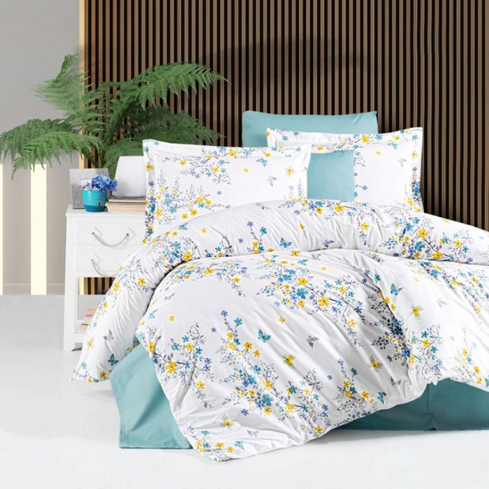 Набор постельного белья, HUQQA, Double Size, 220x240cм, 200x220cм, 50x70cм, 4 предметa, Белый/Синий, Цветочный, 220x240 см, Турция