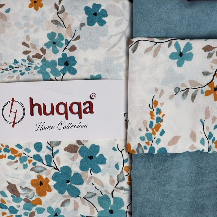 Набор постельного белья, HUQQA, Double Size, 220x240cм, 200x220cм, 50x70cм, 4 предметa, Белый/Синий, Цветочный, 220x240 см, Турция