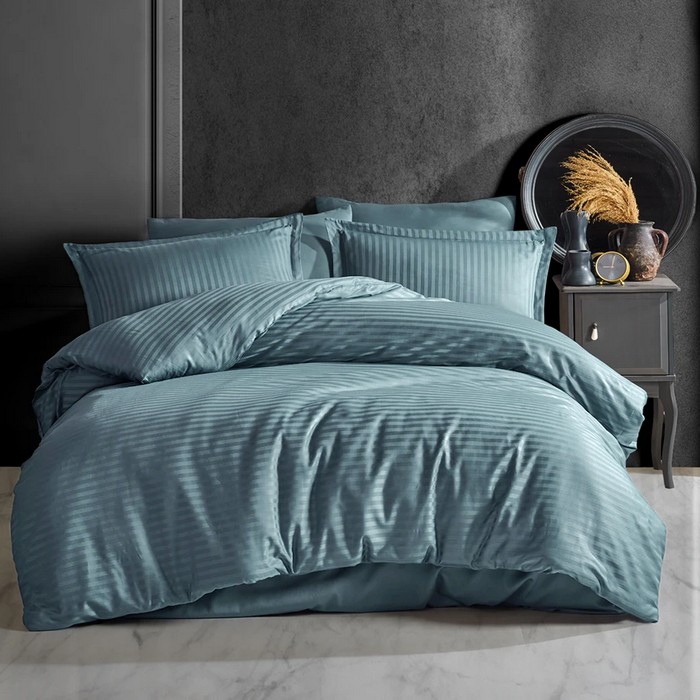 Bed linen set, DA VINCI, 4 pcs, Double Size, 200x220cm, 240x260cm, 50x70cm, Satin, Green, Horizontal stripes, 240x260cm, Turkey
