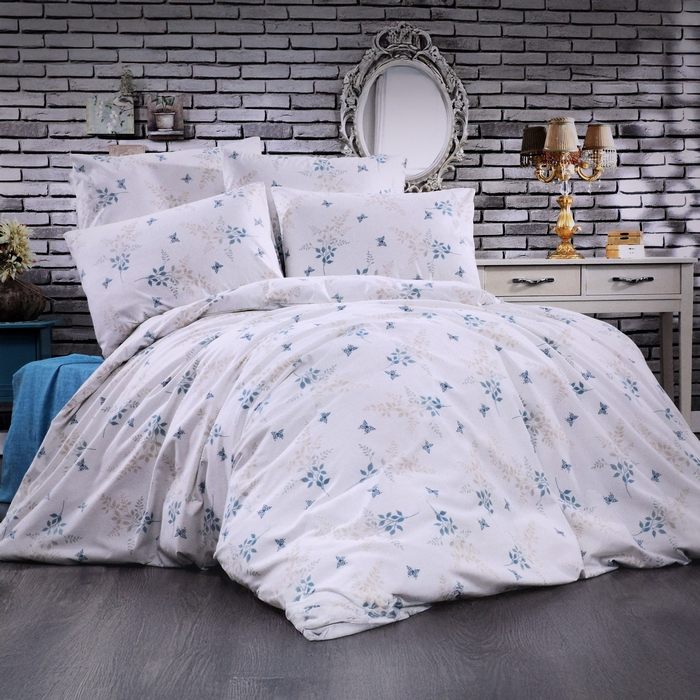Набор постельного белья, HUQQA, Double Size, 220x240cм, 200x240см, 50x70cм, 4 предметa, Белый/Синий, С моделью, 220x240 см, Турция