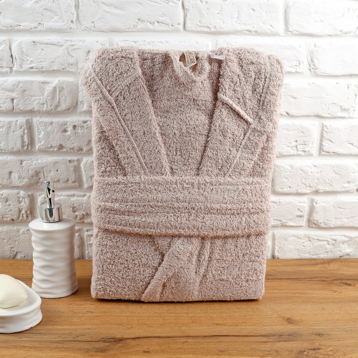 Банный халат, MK HAVLU, L, Хлопок, Бежевый, Съемный пояс, Турция