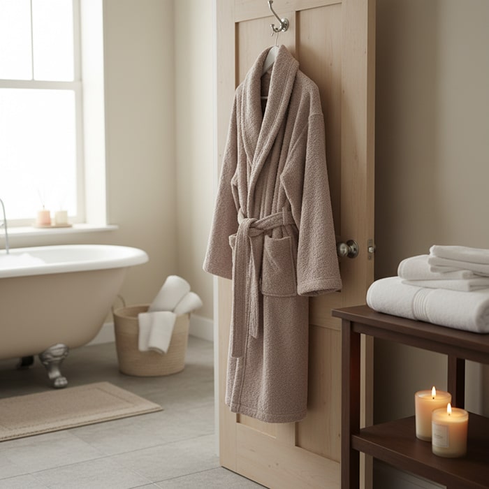 Банный халат, MK HAVLU, L, Хлопок, Бежевый, Съемный пояс, Турция