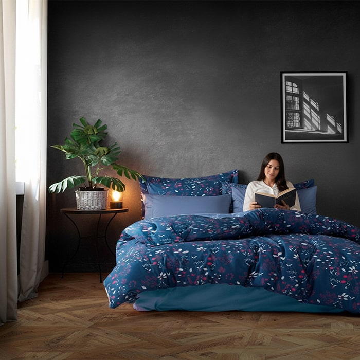Набор постельного белья, HUQQA, 4 штук, Double Size, 240x260cм, 200x220 cм, 50x70cм, Хлопок, Темно-синий, 240x260cм, Турция
