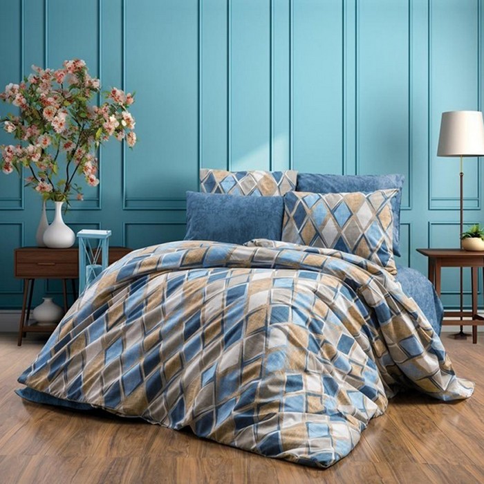 Набор постельного белья, HUQQA, 4 штук, Double Size, 240x260cм, 200x220 cм, 50x70cм, Хлопок, Синий/Бежевый, С моделью, 240x260cм, Турция