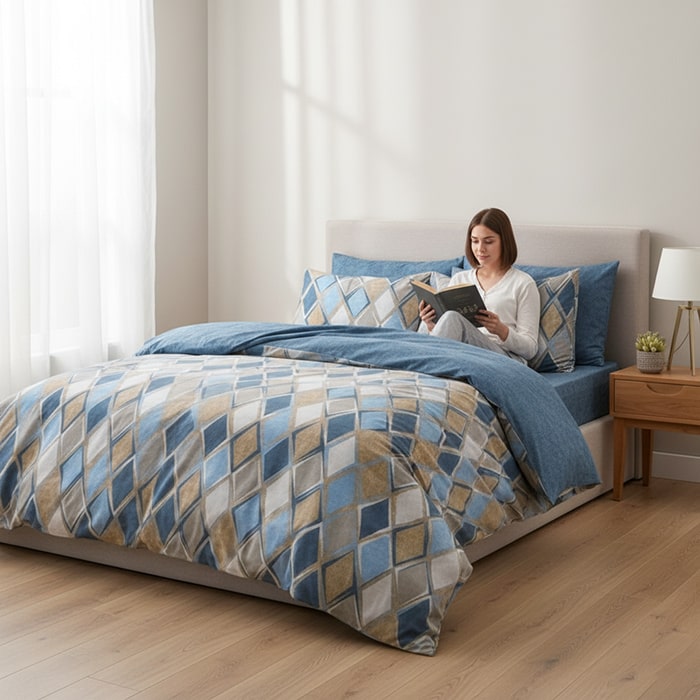 Набор постельного белья, HUQQA, 4 штук, Double Size, 240x260cм, 200x220 cм, 50x70cм, Хлопок, Синий/Бежевый, С моделью, 240x260cм, Турция