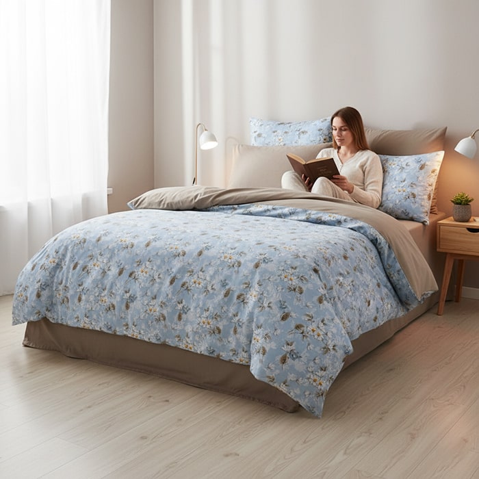 Набор постельного белья, HUQQA, 4 штук, Double Size, Хлопок, 240x260cм, 200x220 cм, 50x70cм, Голубой, С моделью, 240x260cм, Турция