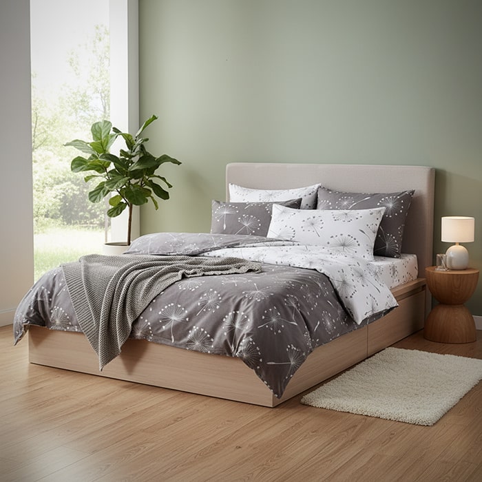 Set lenjerie de pat, NAPOLYON, 4 piese, Double Size, 220x240cm, 200x220cm, 50x70cm, Bumbac, Gri/Alb, Cu model, 220x240 cm, Turcia