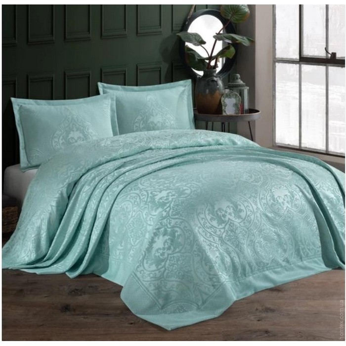 Набор покрывало с наволочками, BIRHOME, 3 предмета, 240x250cм, 60x80cм, Хлопок с добавками, Ментоловый, Турция