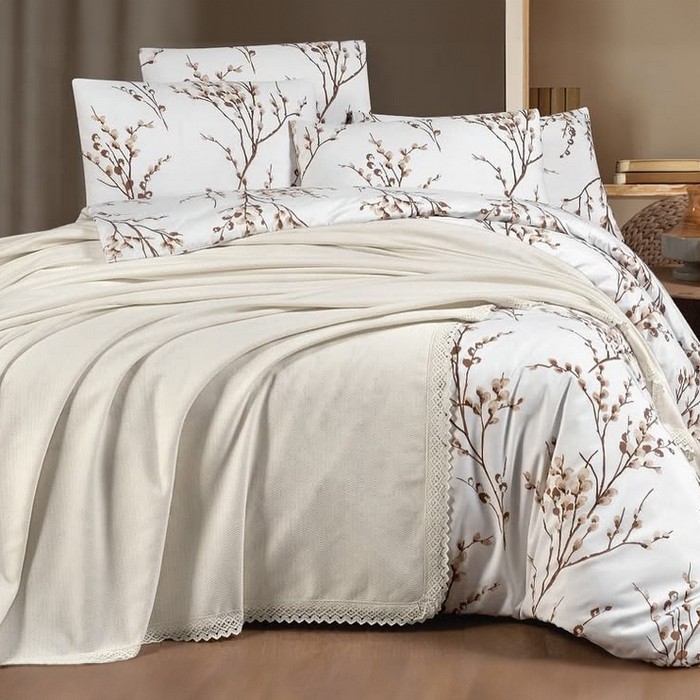 Set lenjerie de pat, VIVEN, 4 piese, 220x240cm, 220x240cm, 50x70cm, Bumbac, Alb/Violet, Double Size, Turcia, 220x240 cm