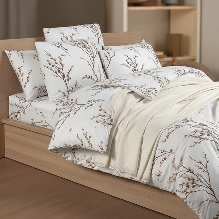 Set lenjerie de pat, VIVEN, 4 piese, 220x240cm, 220x240cm, 50x70cm, Bumbac, Alb/Violet, Double Size, Turcia, 220x240 cm