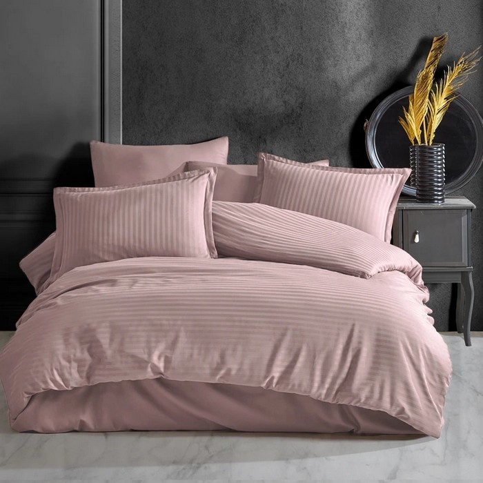 Set lenjerie de pat, NAPOLYON, 4 piese, 240x250cm, 220x240cm, 50x70cm, Bumbac Satinat, Roz, Dungi verticale, Double Size, Turcia, 240x250 cm
