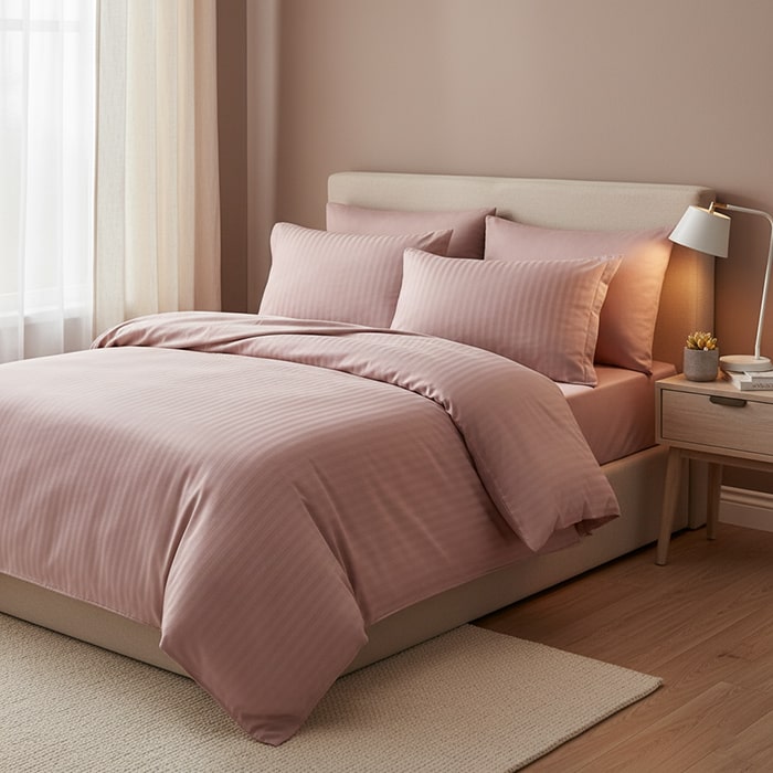 Set lenjerie de pat, NAPOLYON, 4 piese, 240x250cm, 220x240cm, 50x70cm, Bumbac Satinat, Roz, Dungi verticale, Double Size, Turcia, 240x250 cm