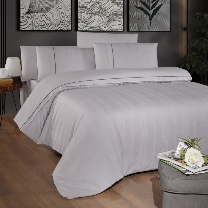 Set lenjerie de pat, FIRST CHOICE, 6 piese, 240x260cm, 200x220cm, 50x70cm (4), 100% Bumbac, Gri Deschis, Dungi verticale, Turcia