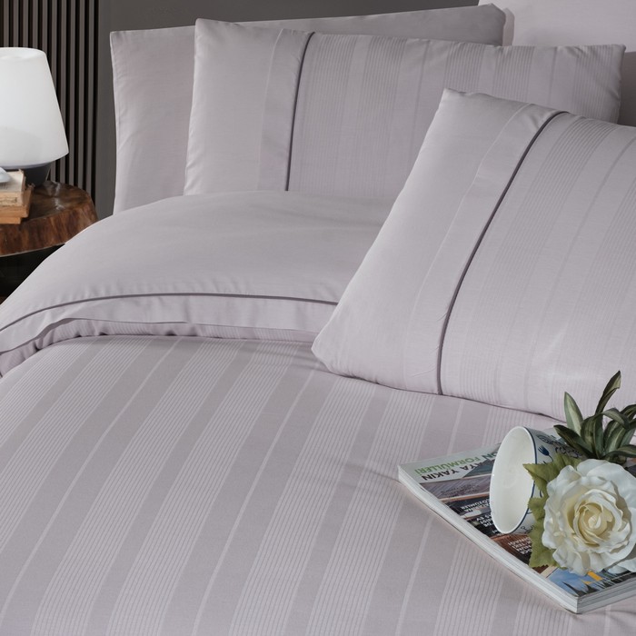 Set lenjerie de pat, FIRST CHOICE, 6 piese, 240x260cm, 200x220cm, 50x70cm (4), 100% Bumbac, Gri Deschis, Dungi verticale, Turcia