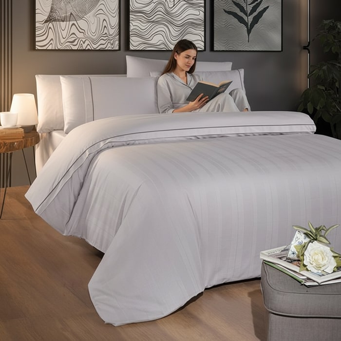 Set lenjerie de pat, FIRST CHOICE, 6 piese, 240x260cm, 200x220cm, 50x70cm (4), 100% Bumbac, Gri Deschis, Dungi verticale, Turcia